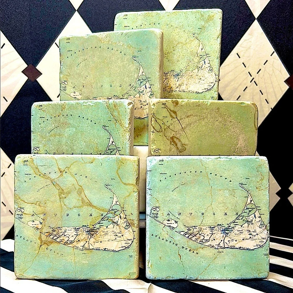 Vintage Nantucket Map Marble Coasters – Set of 6 | Aqua‎ Coastal Chic